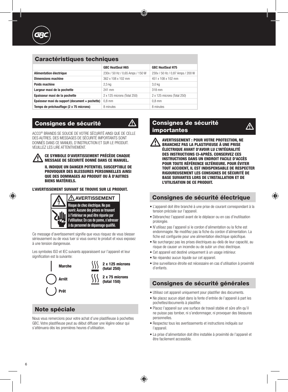 Consignes de sécurité importantes, Consignes de sécurité générales, Consignes de sécurité électrique | Caractéristiques techniques, Consignes de sécurité | GBC H75 User Manual | Page 6 / 30