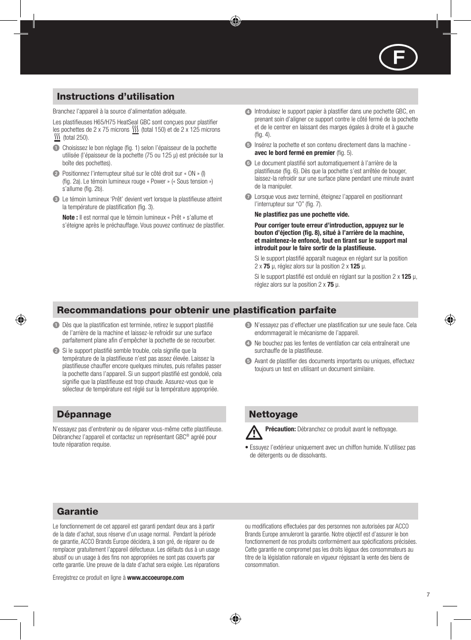 Garantie, Nettoyage instructions d’utilisation, Dépannage | GBC H75 User Manual | Page 7 / 30