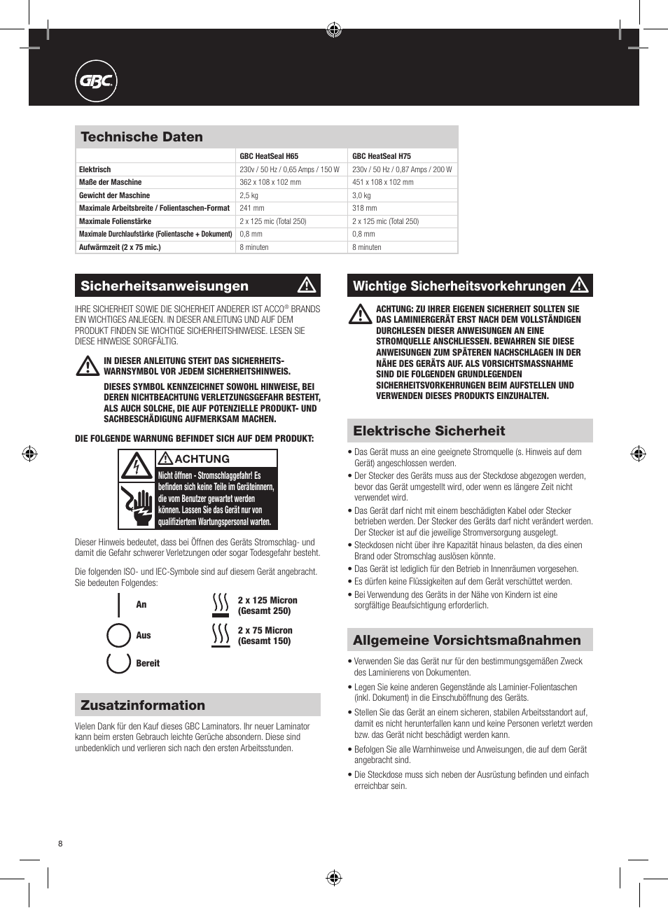 Allgemeine vorsichtsmaßnahmen, Elektrische sicherheit, Technische daten | Wichtige sicherheitsvorkehrungen, Zusatzinformation, Sicherheitsanweisungen | GBC H75 User Manual | Page 8 / 30