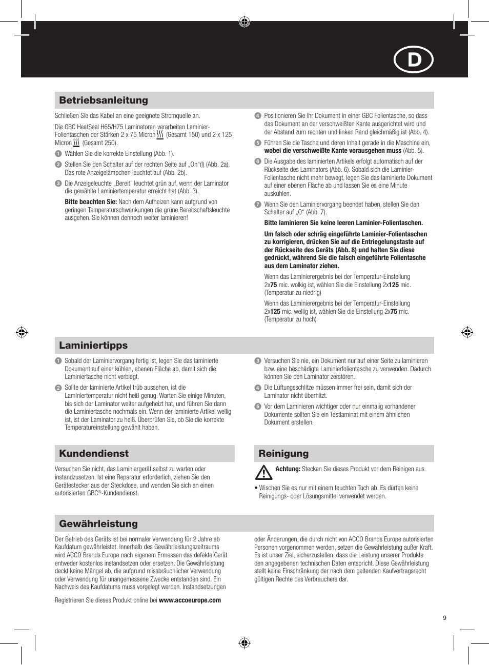 Gewährleistung, Reinigung betriebsanleitung, Laminiertipps | Kundendienst | GBC H75 User Manual | Page 9 / 30