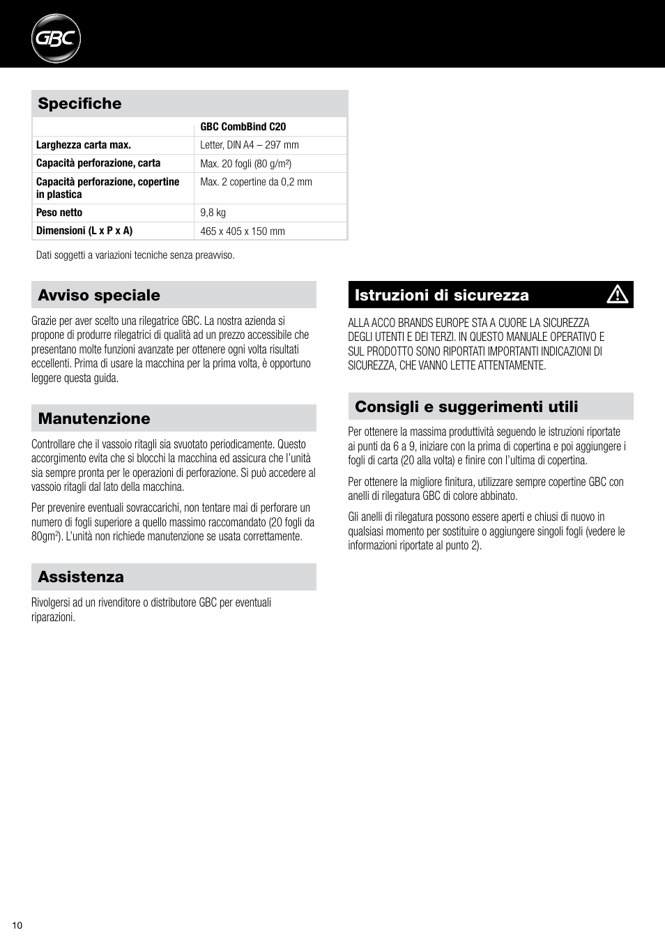 Manutenzione, Assistenza, Consigli e suggerimenti utili | Specifiche, Avviso speciale, Istruzioni di sicurezza | GBC C20 User Manual | Page 10 / 40