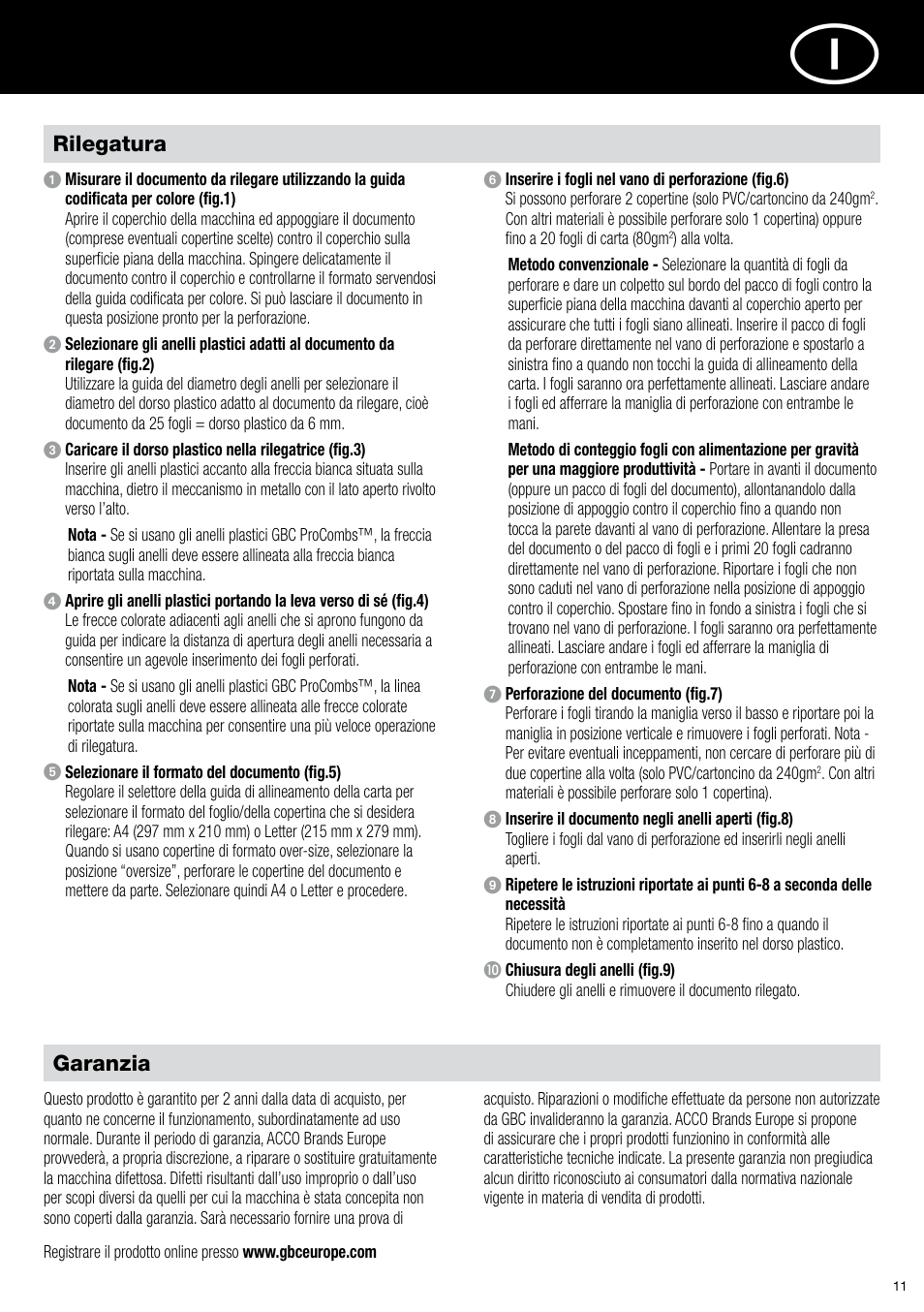 Garanzia, Rilegatura | GBC C20 User Manual | Page 11 / 40