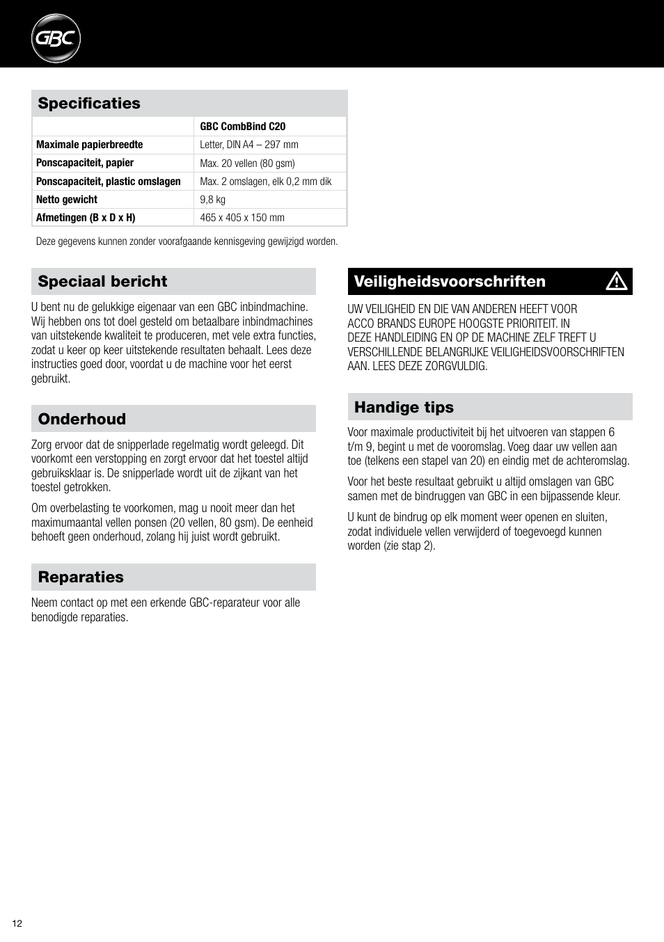 GBC C20 User Manual | Page 12 / 40