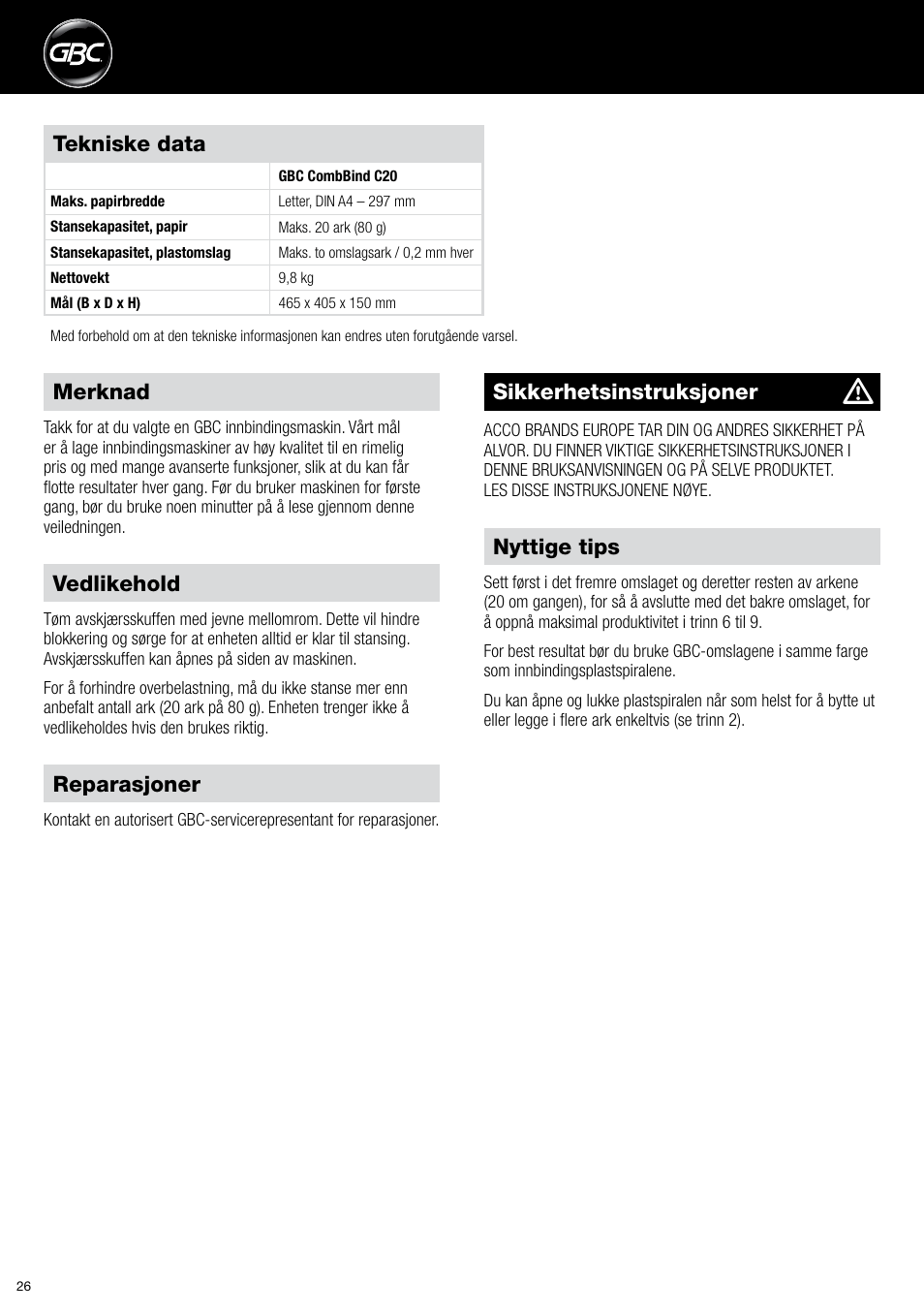 GBC C20 User Manual | Page 26 / 40