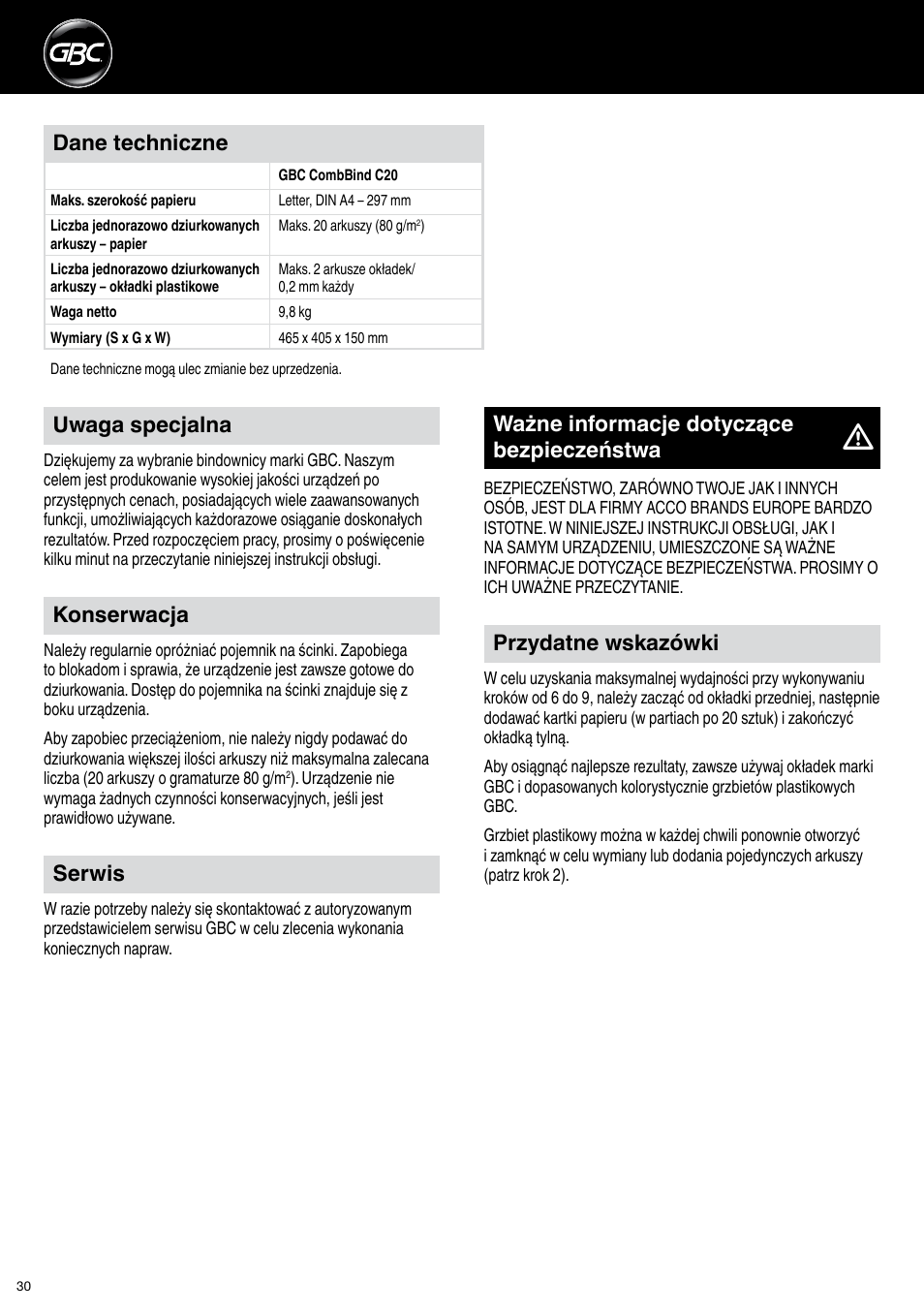 Konserwacja, Serwis, Przydatne wskazówki | Dane techniczne, Ważne informacje dotyczące bezpieczeństwa, Uwaga specjalna | GBC C20 User Manual | Page 30 / 40