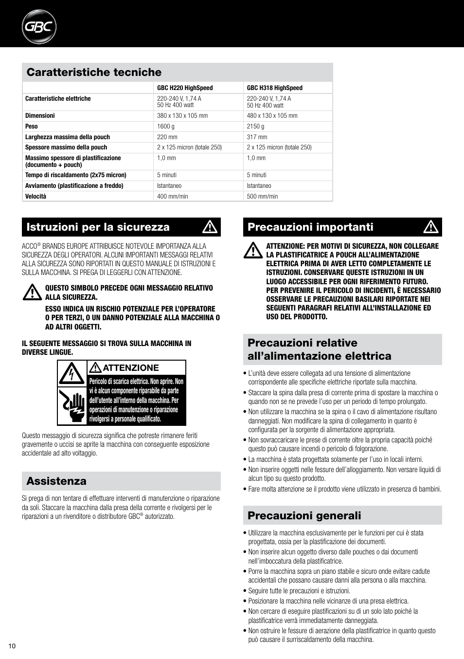 Precauzioni generali, Precauzioni relative all’alimentazione elettrica, Caratteristiche tecniche | Istruzioni per la sicurezza, Precauzioni importanti, Assistenza | GBC H318 User Manual | Page 10 / 38