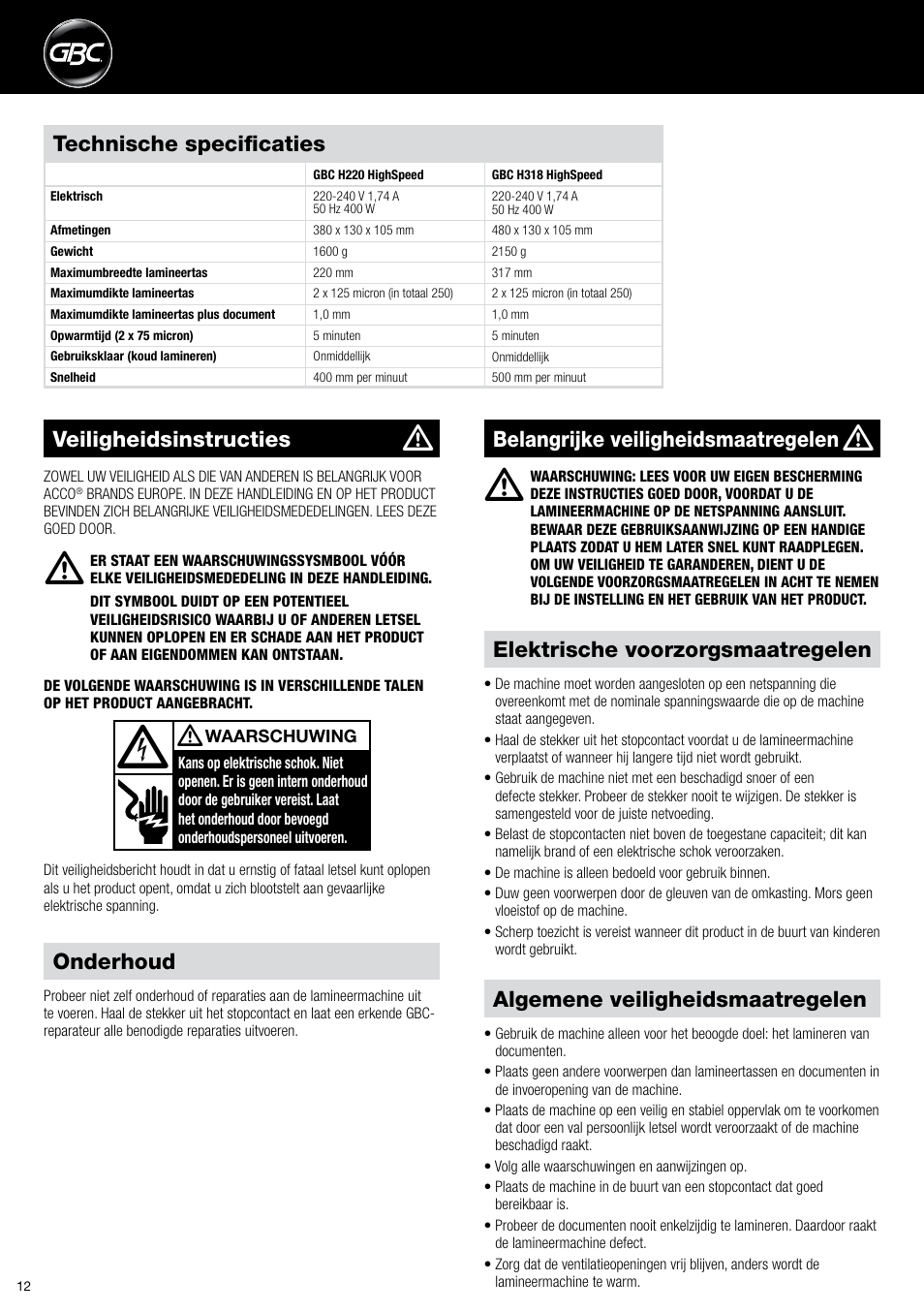 Algemene veiligheidsmaatregelen, Elektrische voorzorgsmaatregelen, Technische specificaties | Belangrijke veiligheidsmaatregelen, Veiligheidsinstructies, Onderhoud | GBC H318 User Manual | Page 12 / 38