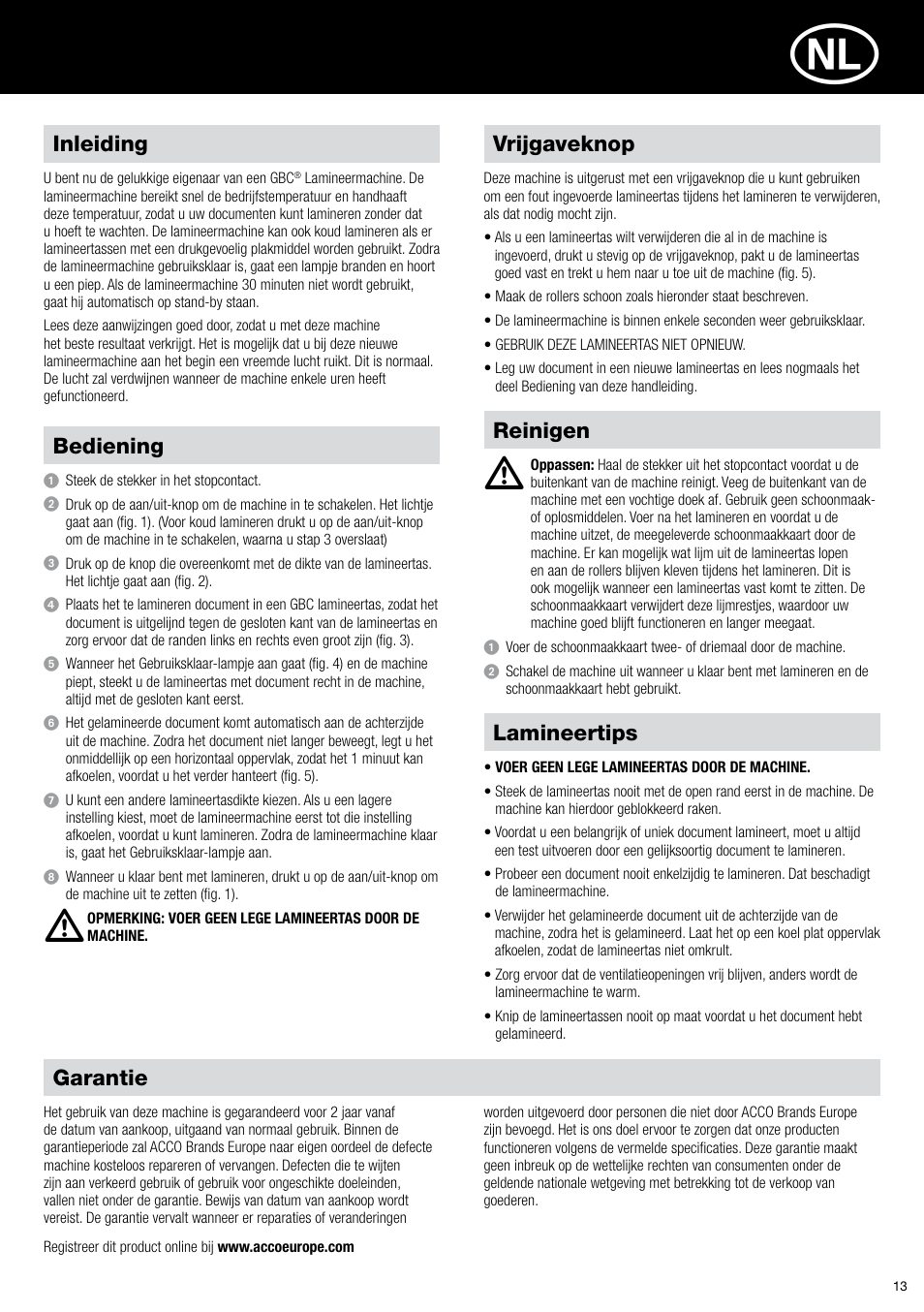 Inleiding, Garantie, Reinigen | Vrijgaveknop bediening, Lamineertips | GBC H318 User Manual | Page 13 / 38