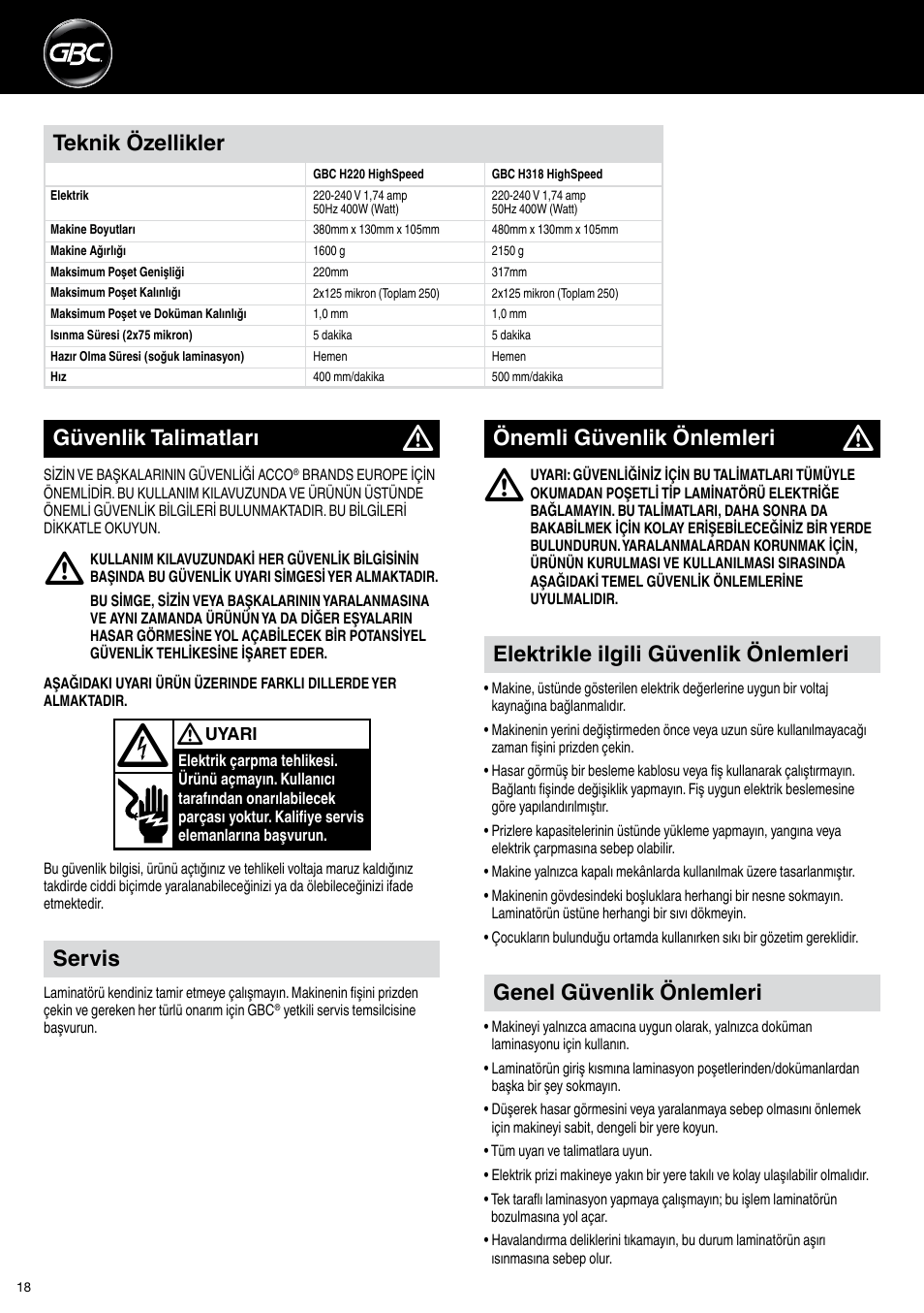 Genel güvenlik önlemleri, Elektrikle ilgili güvenlik önlemleri, Teknik özellikler | Önemli güvenlik önlemleri, Güvenlik talimatları, Servis | GBC H318 User Manual | Page 18 / 38