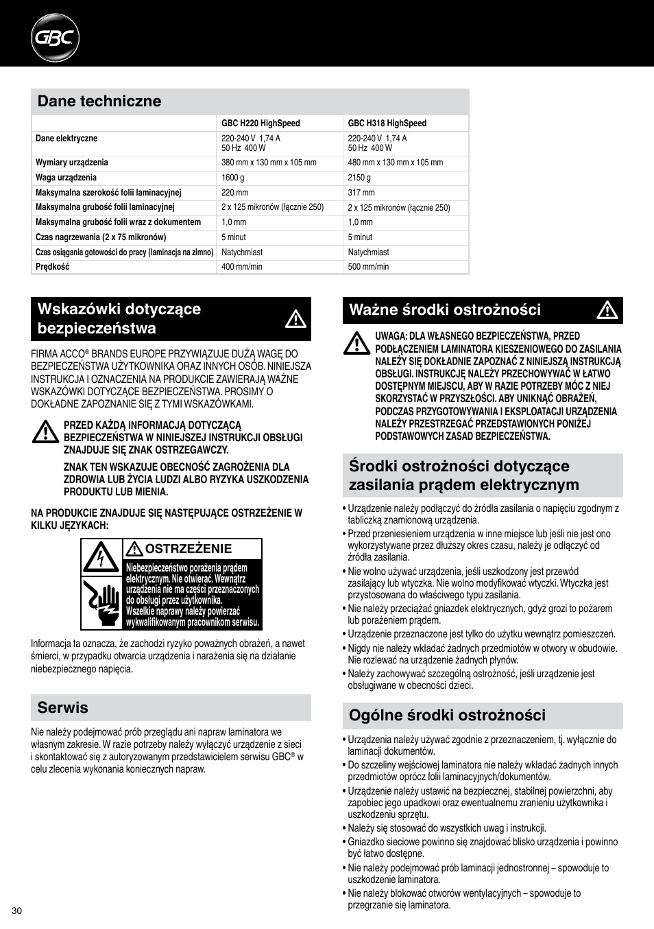 Ogólne środki ostrożności, Dane techniczne, Wskazówki dotyczące bezpieczeństwa | Ważne środki ostrożności, Serwis | GBC H318 User Manual | Page 30 / 38