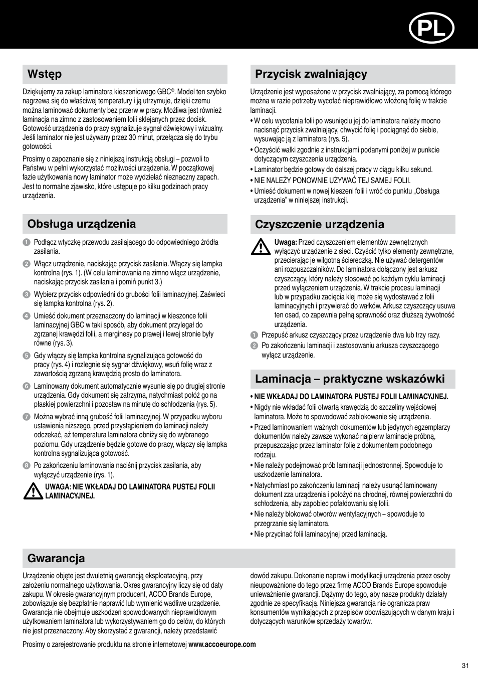 Wstęp, Gwarancja, Czyszczenie urządzenia | Przycisk zwalniający obsługa urządzenia, Laminacja – praktyczne wskazówki | GBC H318 User Manual | Page 31 / 38
