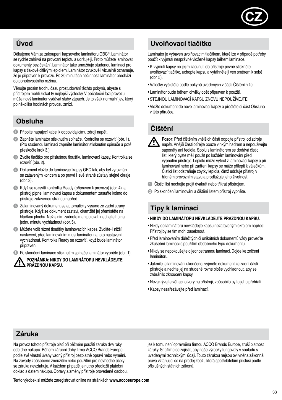 Úvod, Záruka, Čištění | Uvolňovací tlačítko obsluha, Tipy k laminaci | GBC H318 User Manual | Page 33 / 38