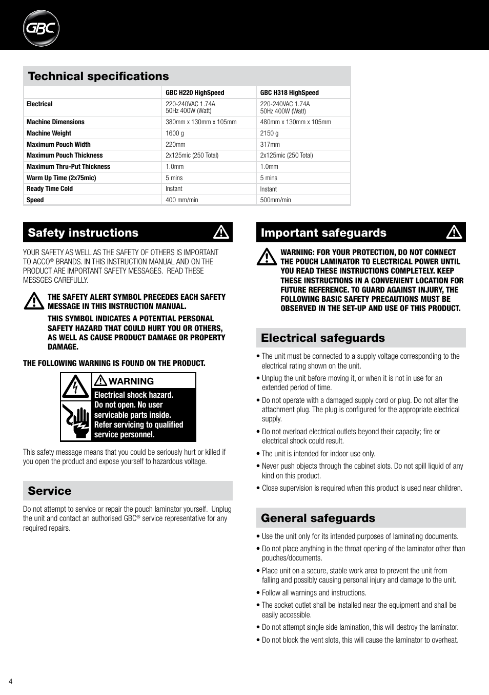 General safeguards, Electrical safeguards, Technical specifications | Safety instructions, Important safeguards, Service | GBC H318 User Manual | Page 4 / 38