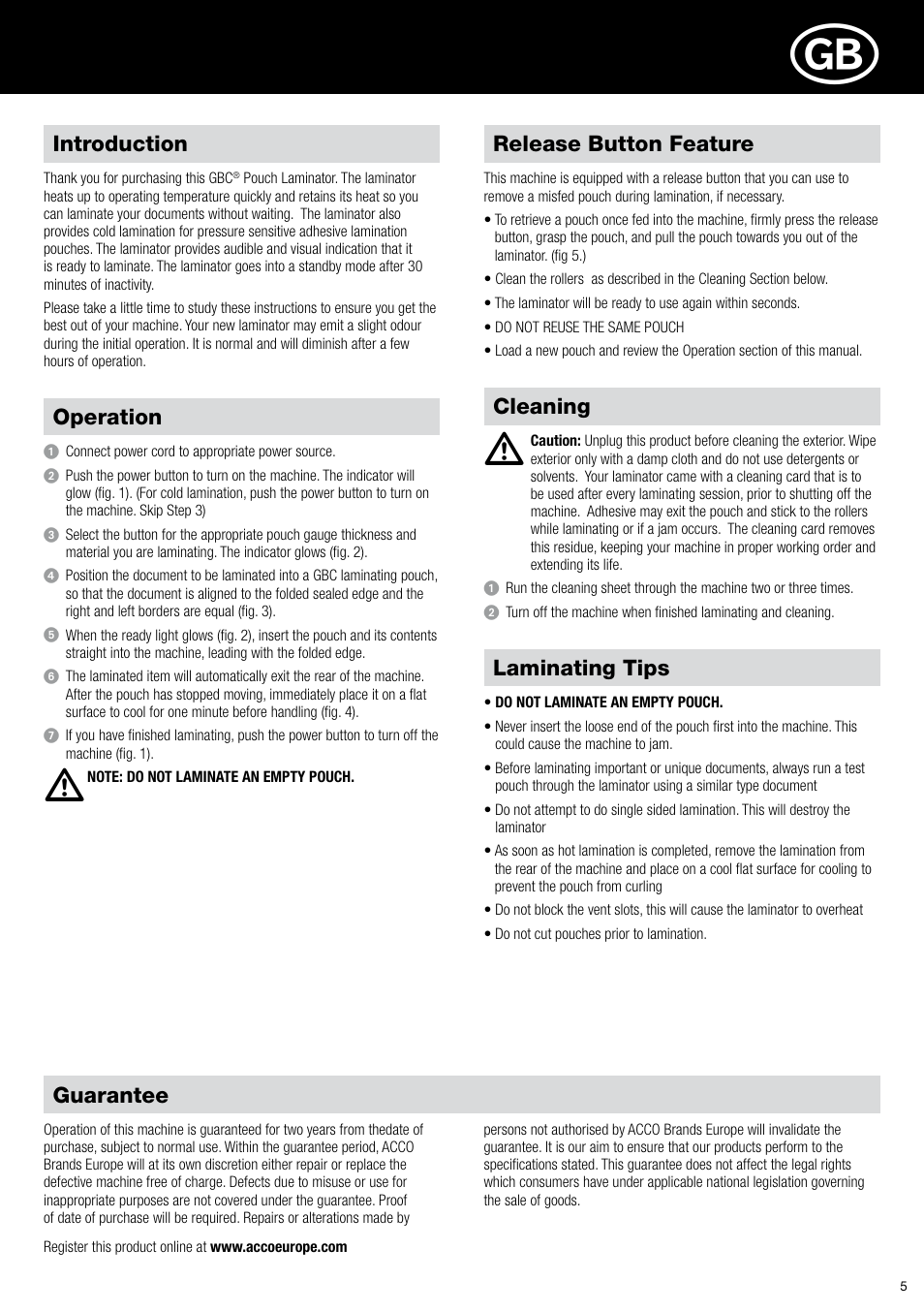 Introduction, Guarantee, Cleaning | Release button feature, Laminating tips operation | GBC H318 User Manual | Page 5 / 38