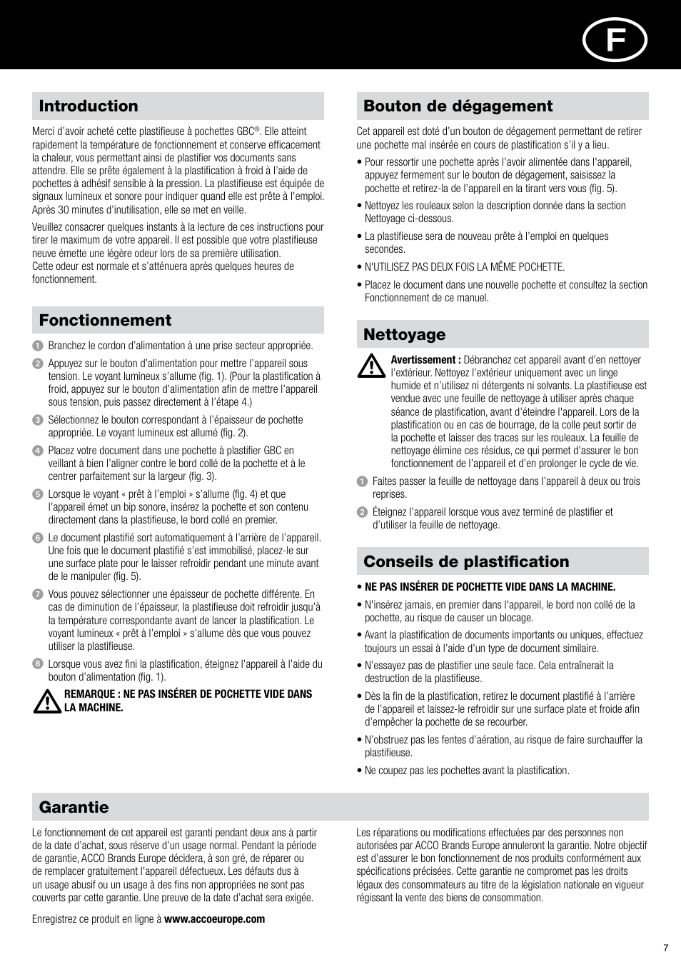 Introduction, Garantie, Nettoyage | Bouton de dégagement fonctionnement, Conseils de plastification | GBC H318 User Manual | Page 7 / 38