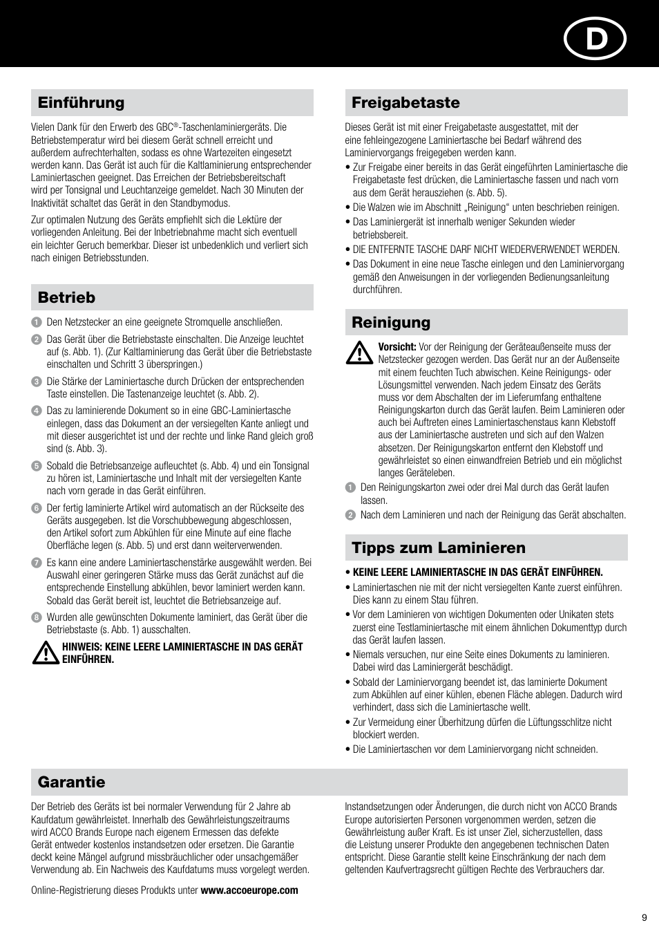 Einführung, Garantie, Reinigung | Freigabetaste betrieb, Tipps zum laminieren | GBC H318 User Manual | Page 9 / 38
