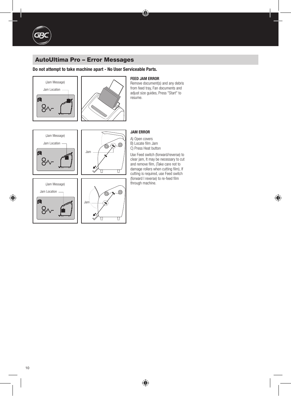 Autoultima pro – error messages | GBC AutoUltima Pro Laminator User Manual | Page 10 / 150