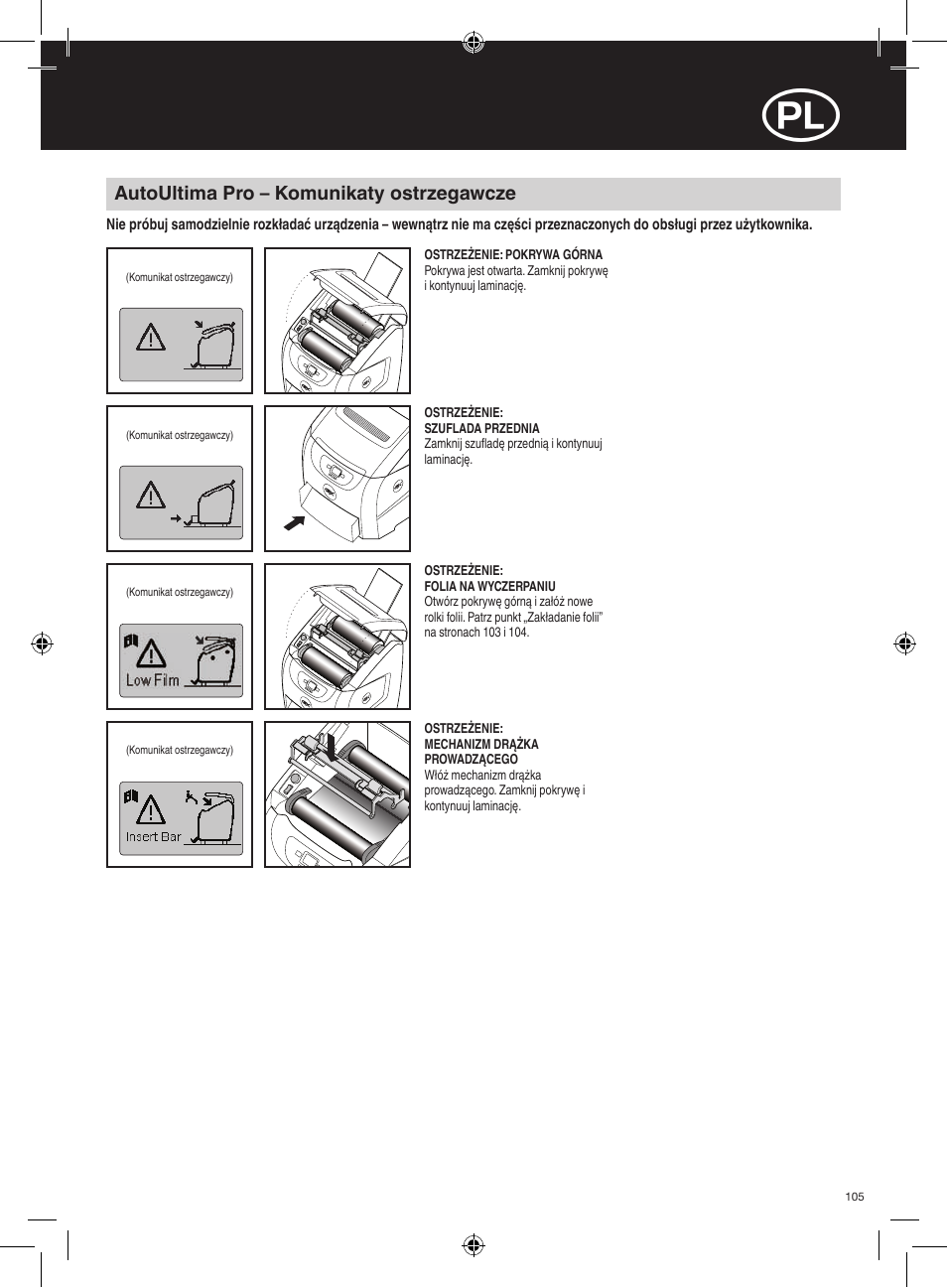 Autoultima pro – komunikaty ostrzegawcze | GBC AutoUltima Pro Laminator User Manual | Page 105 / 150