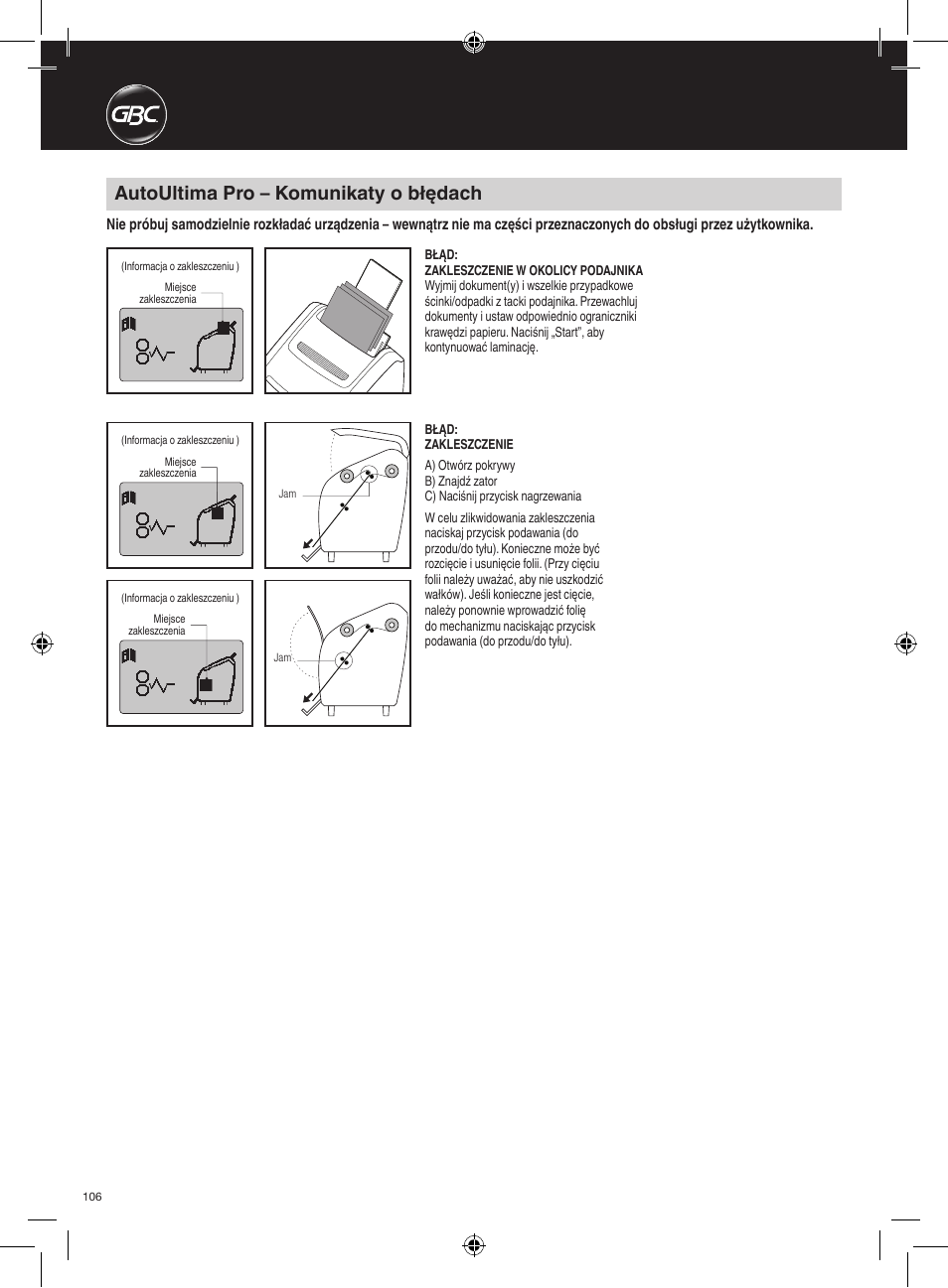 Autoultima pro – komunikaty o błędach | GBC AutoUltima Pro Laminator User Manual | Page 106 / 150