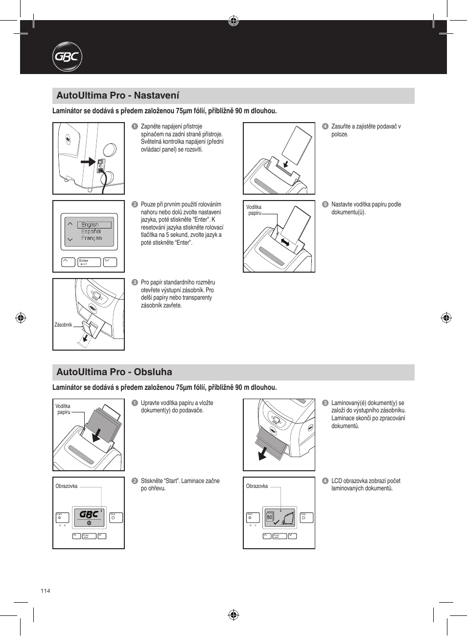Autoultima pro - nastavení, Autoultima pro - obsluha | GBC AutoUltima Pro Laminator User Manual | Page 114 / 150
