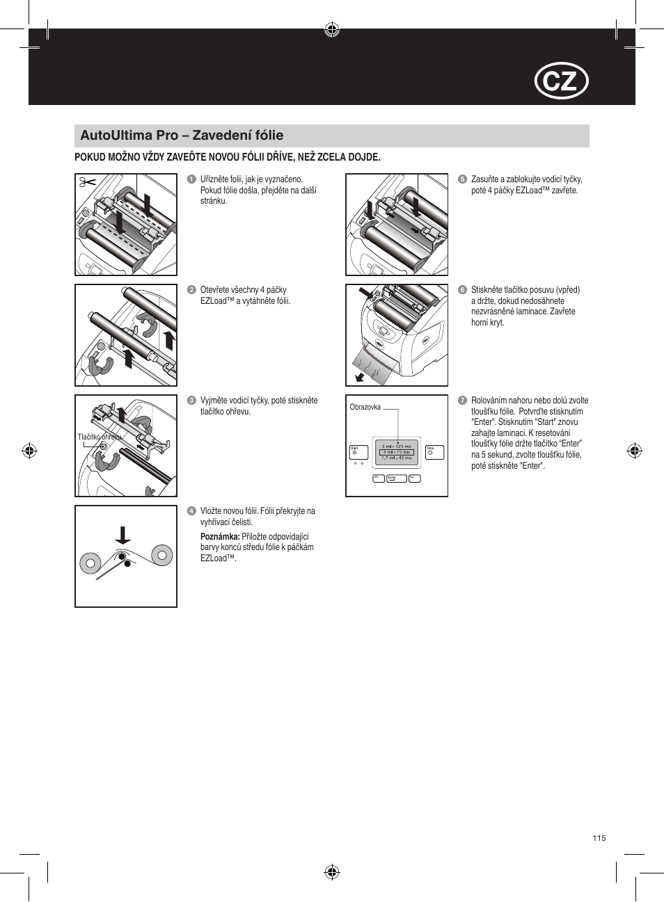 Autoultima pro – zavedení fólie | GBC AutoUltima Pro Laminator User Manual | Page 115 / 150