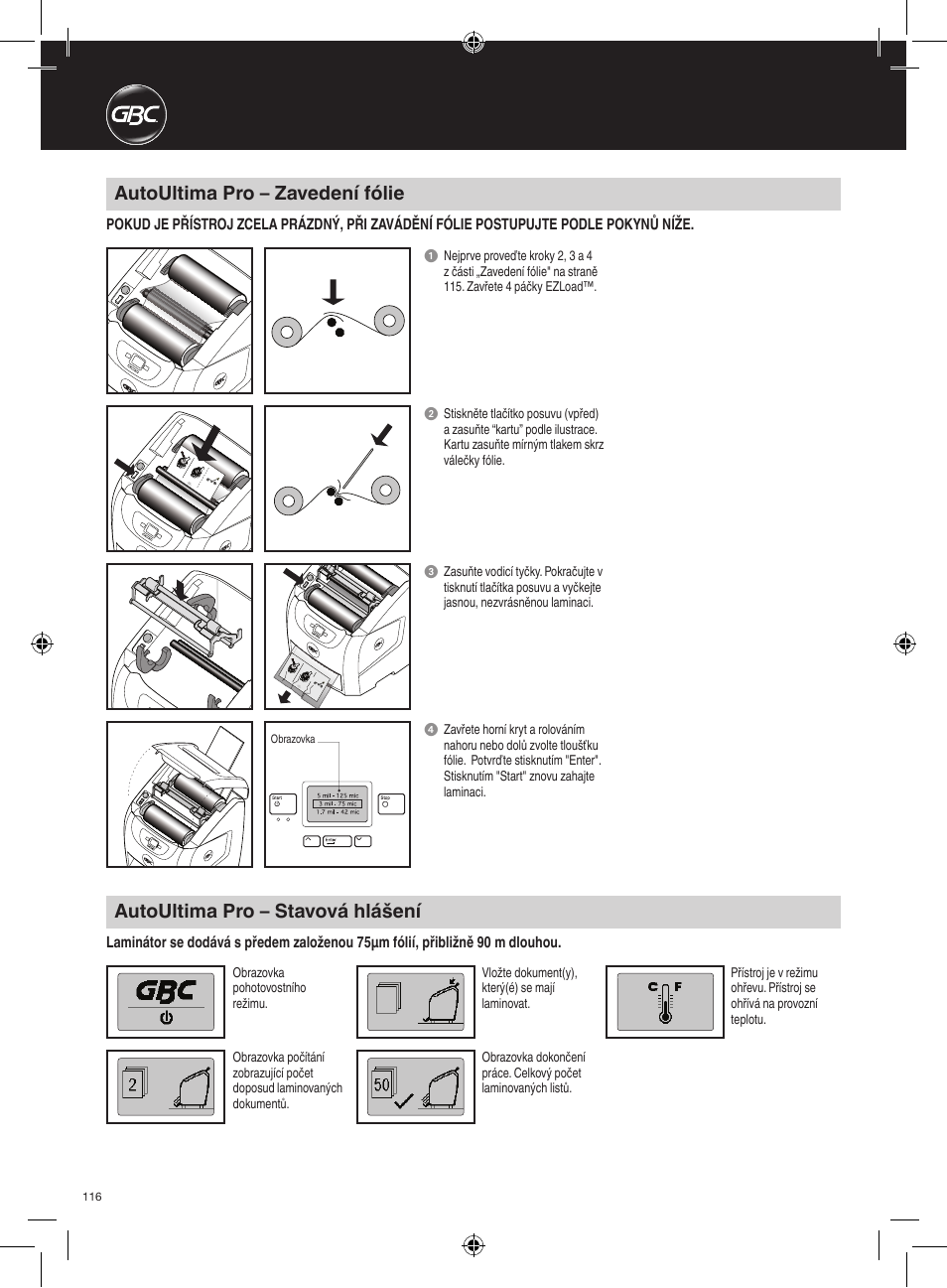Autoultima pro – zavedení fólie, Autoultima pro – stavová hlášení | GBC AutoUltima Pro Laminator User Manual | Page 116 / 150