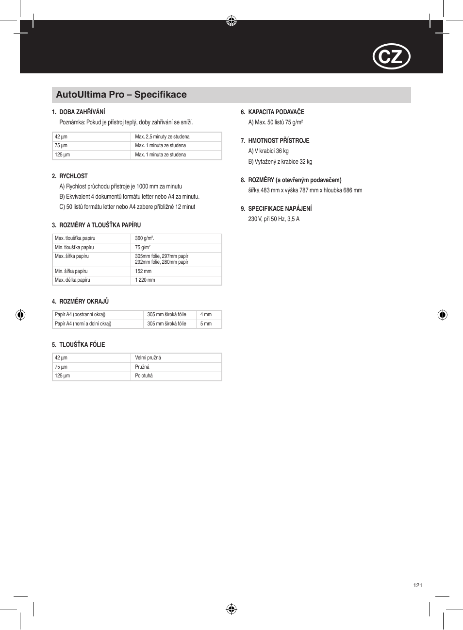 Autoultima pro – specifikace | GBC AutoUltima Pro Laminator User Manual | Page 121 / 150