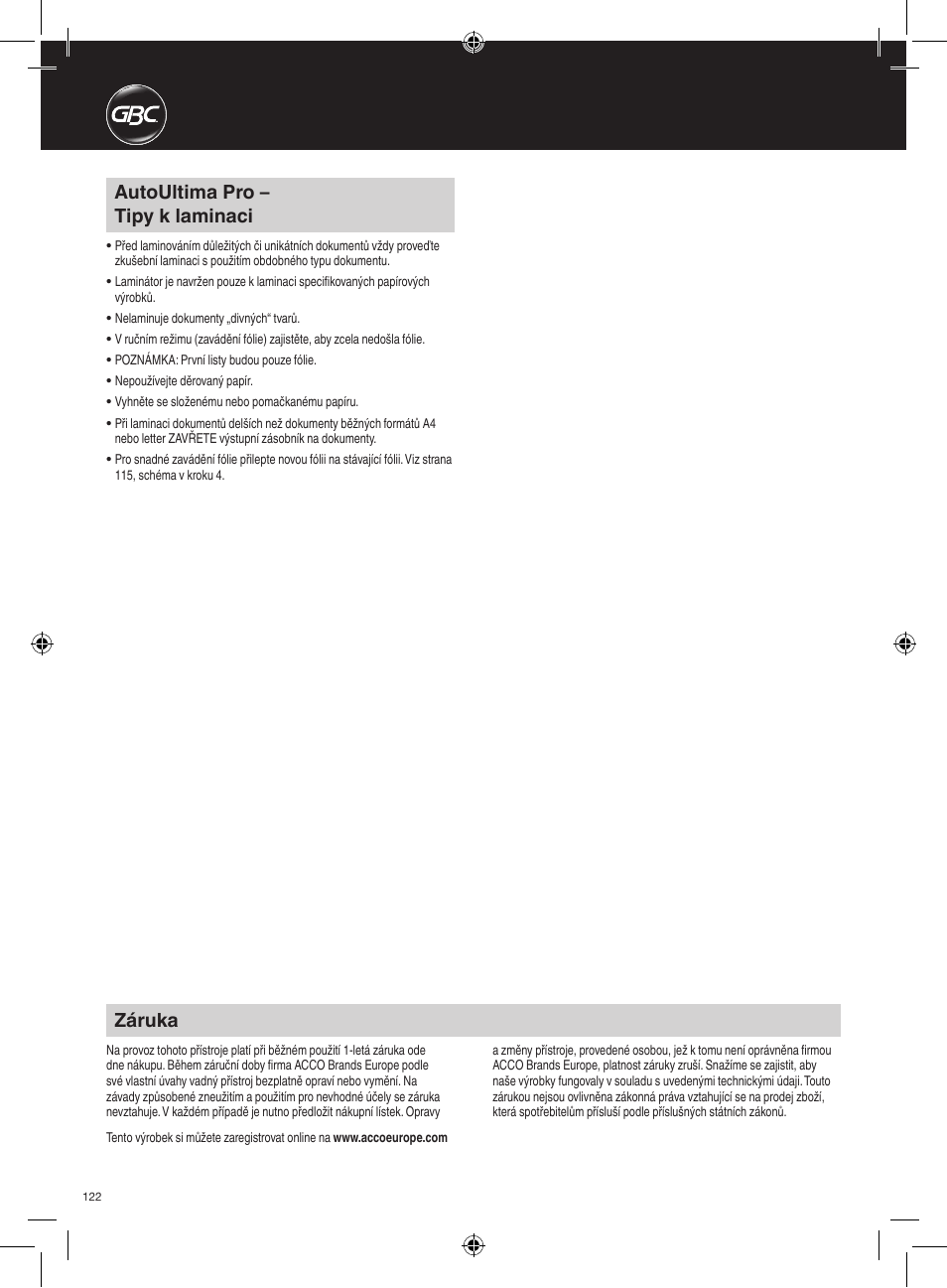 Autoultima pro – tipy k laminaci, Záruka | GBC AutoUltima Pro Laminator User Manual | Page 122 / 150