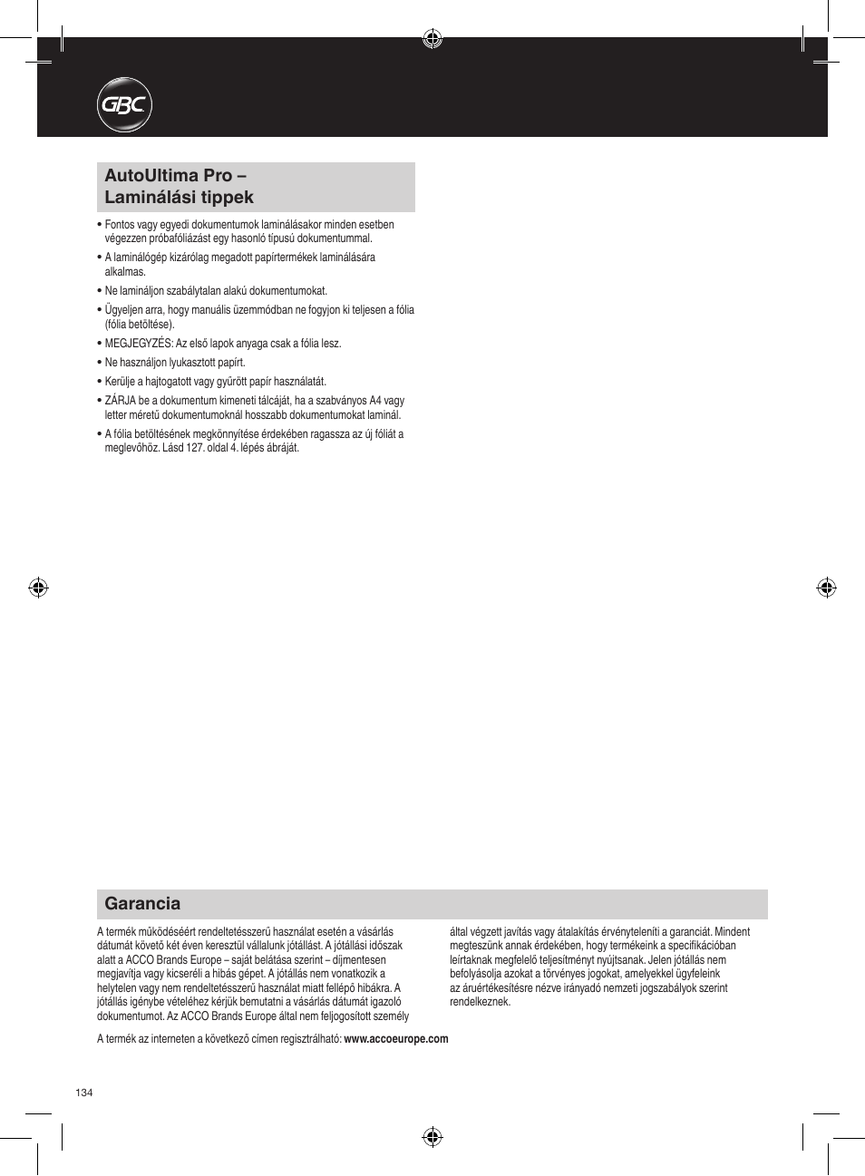 Autoultima pro – laminálási tippek, Garancia | GBC AutoUltima Pro Laminator User Manual | Page 134 / 150