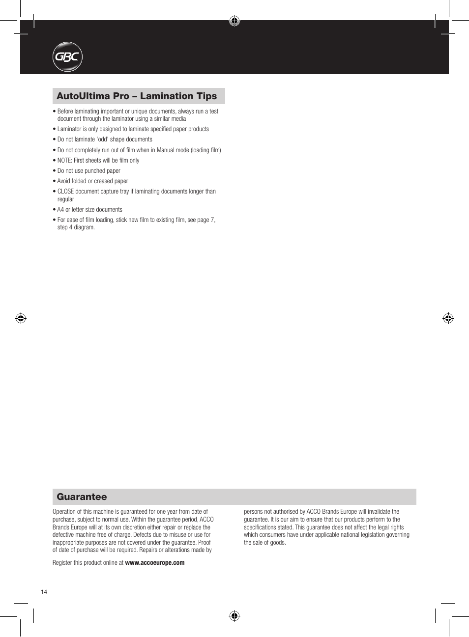 Guarantee, Autoultima pro – lamination tips | GBC AutoUltima Pro Laminator User Manual | Page 14 / 150