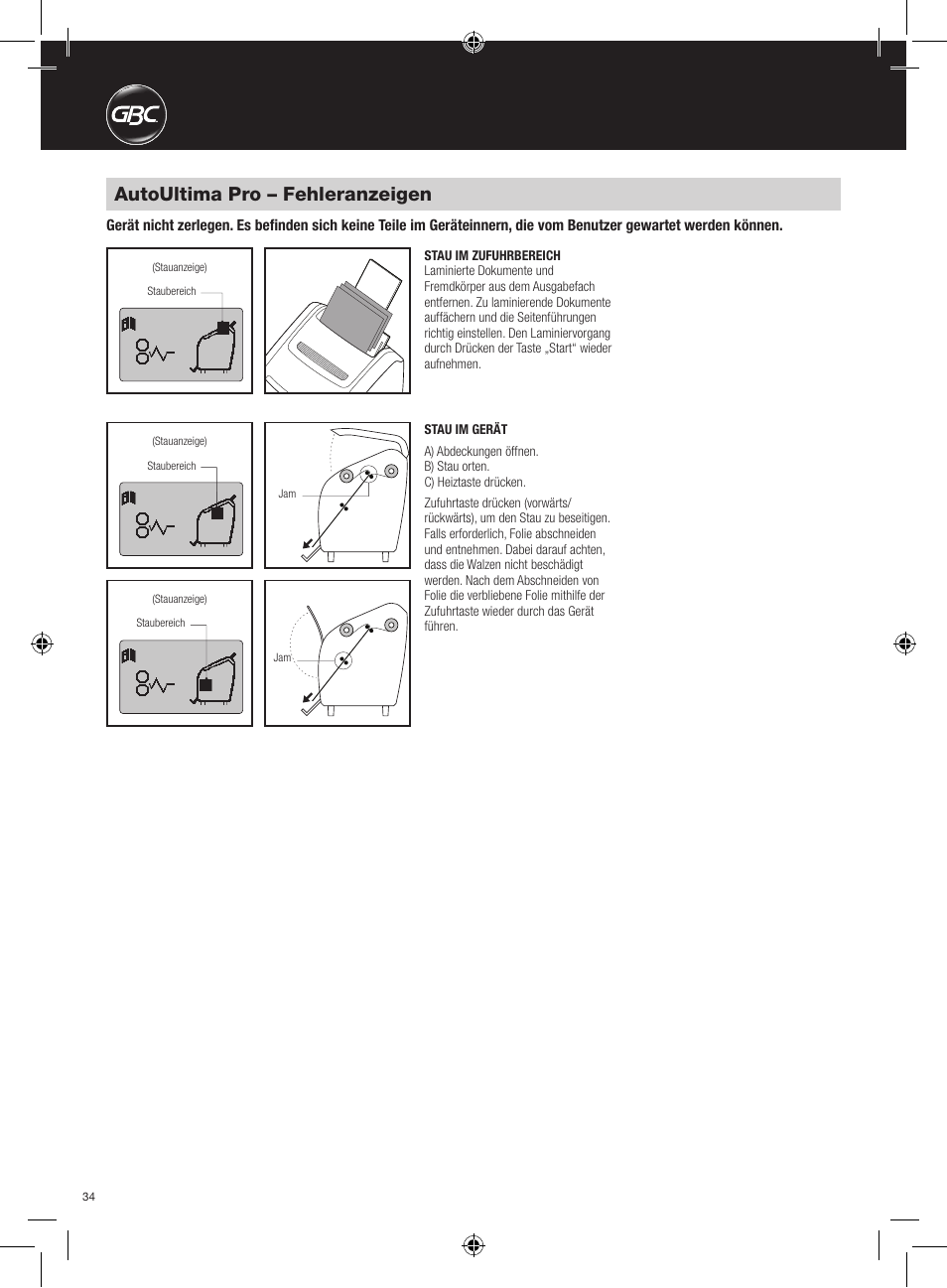Autoultima pro – fehleranzeigen | GBC AutoUltima Pro Laminator User Manual | Page 34 / 150