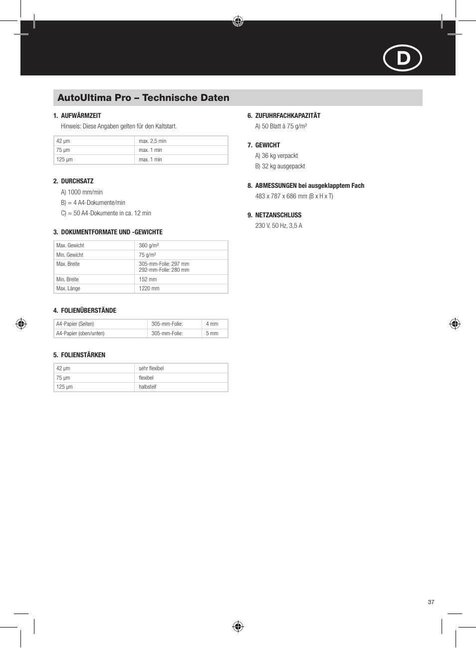 Autoultima pro – technische daten | GBC AutoUltima Pro Laminator User Manual | Page 37 / 150