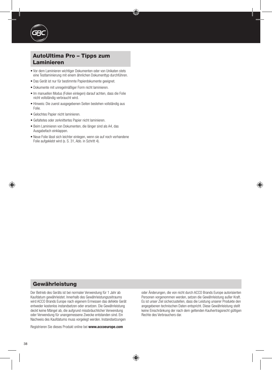Autoultima pro – tipps zum laminieren, Gewährleistung | GBC AutoUltima Pro Laminator User Manual | Page 38 / 150