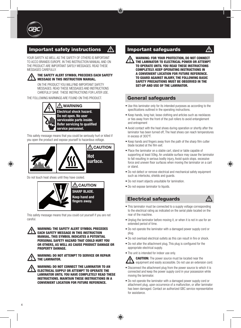 GBC AutoUltima Pro Laminator User Manual | Page 4 / 150