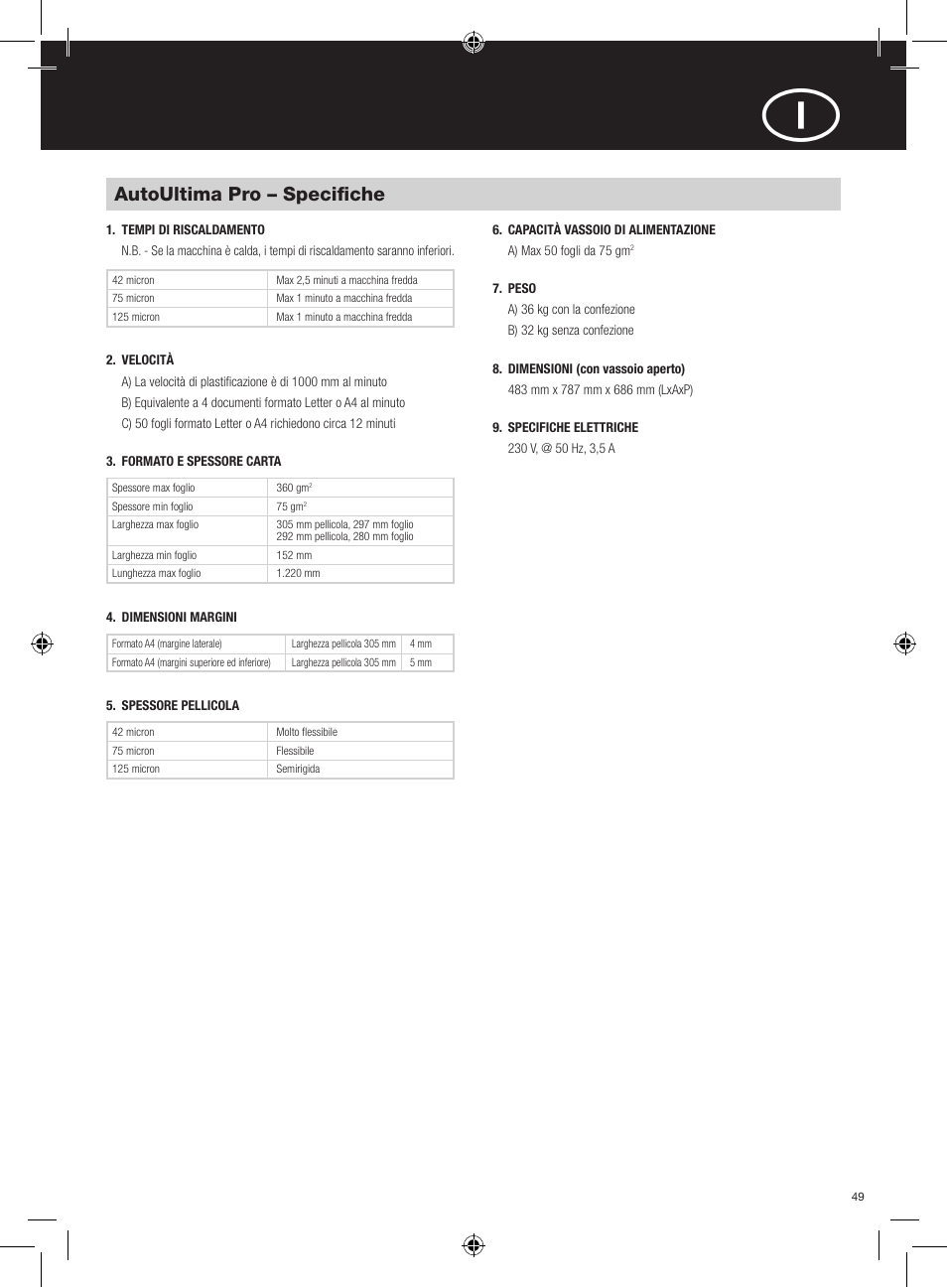 Autoultima pro – specifiche | GBC AutoUltima Pro Laminator User Manual | Page 49 / 150