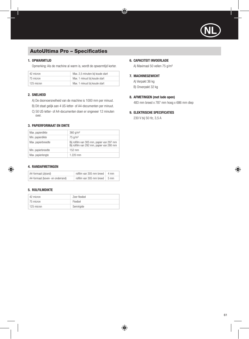 Autoultima pro – specificaties | GBC AutoUltima Pro Laminator User Manual | Page 61 / 150