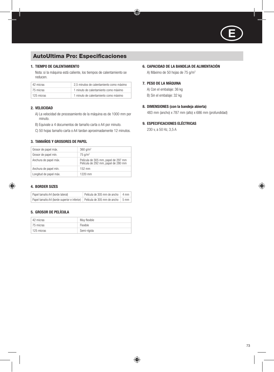 Autoultima pro: especificaciones | GBC AutoUltima Pro Laminator User Manual | Page 73 / 150