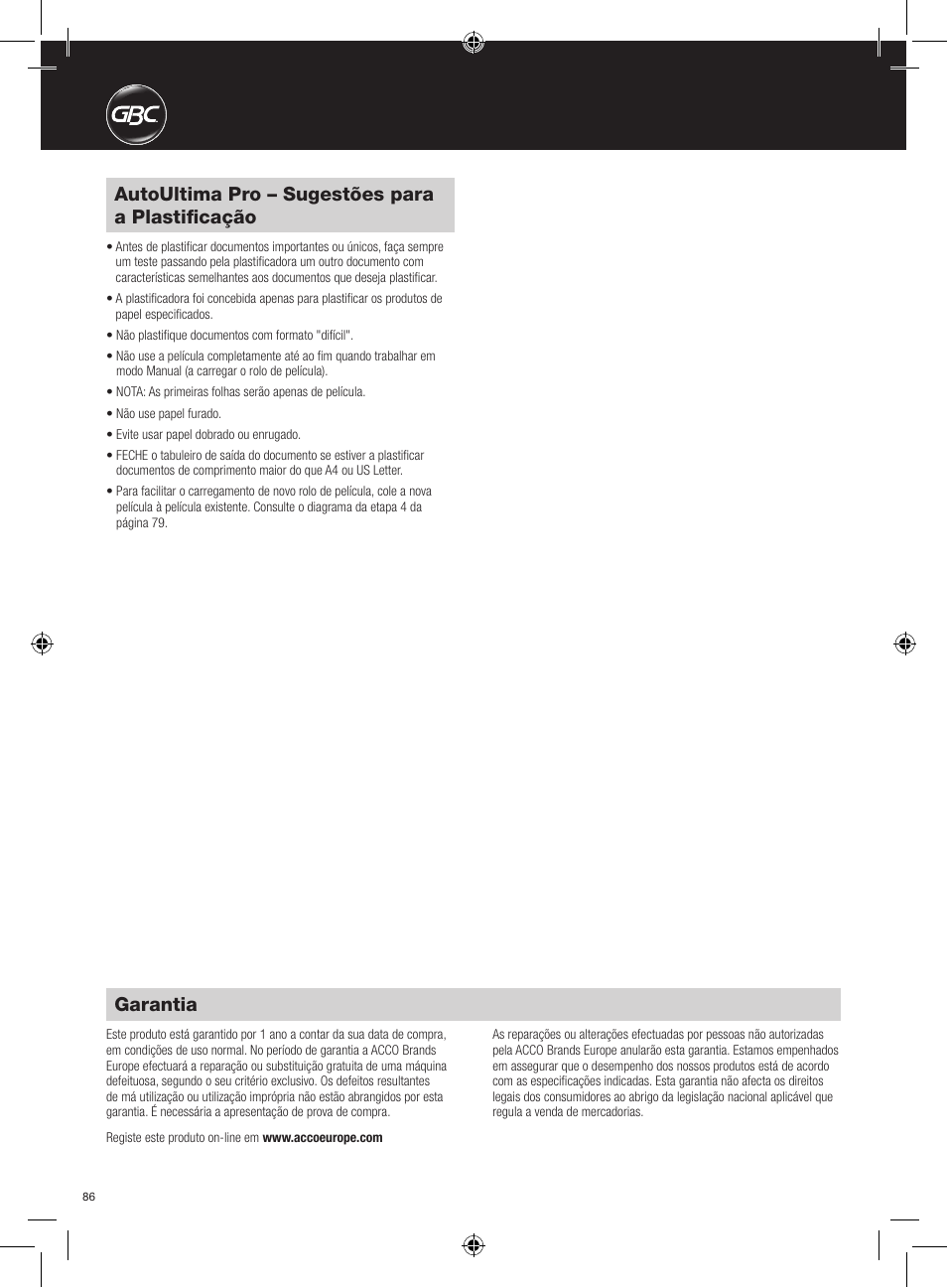 Autoultima pro – sugestões para a plastificação, Garantia | GBC AutoUltima Pro Laminator User Manual | Page 86 / 150