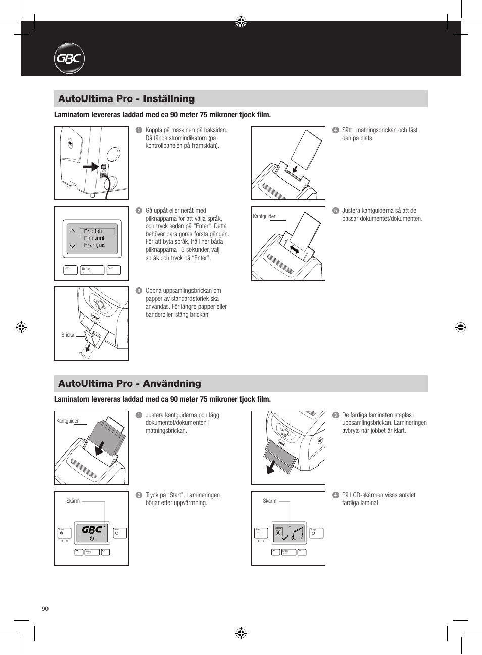 Autoultima pro - inställning, Autoultima pro - användning | GBC AutoUltima Pro Laminator User Manual | Page 90 / 150