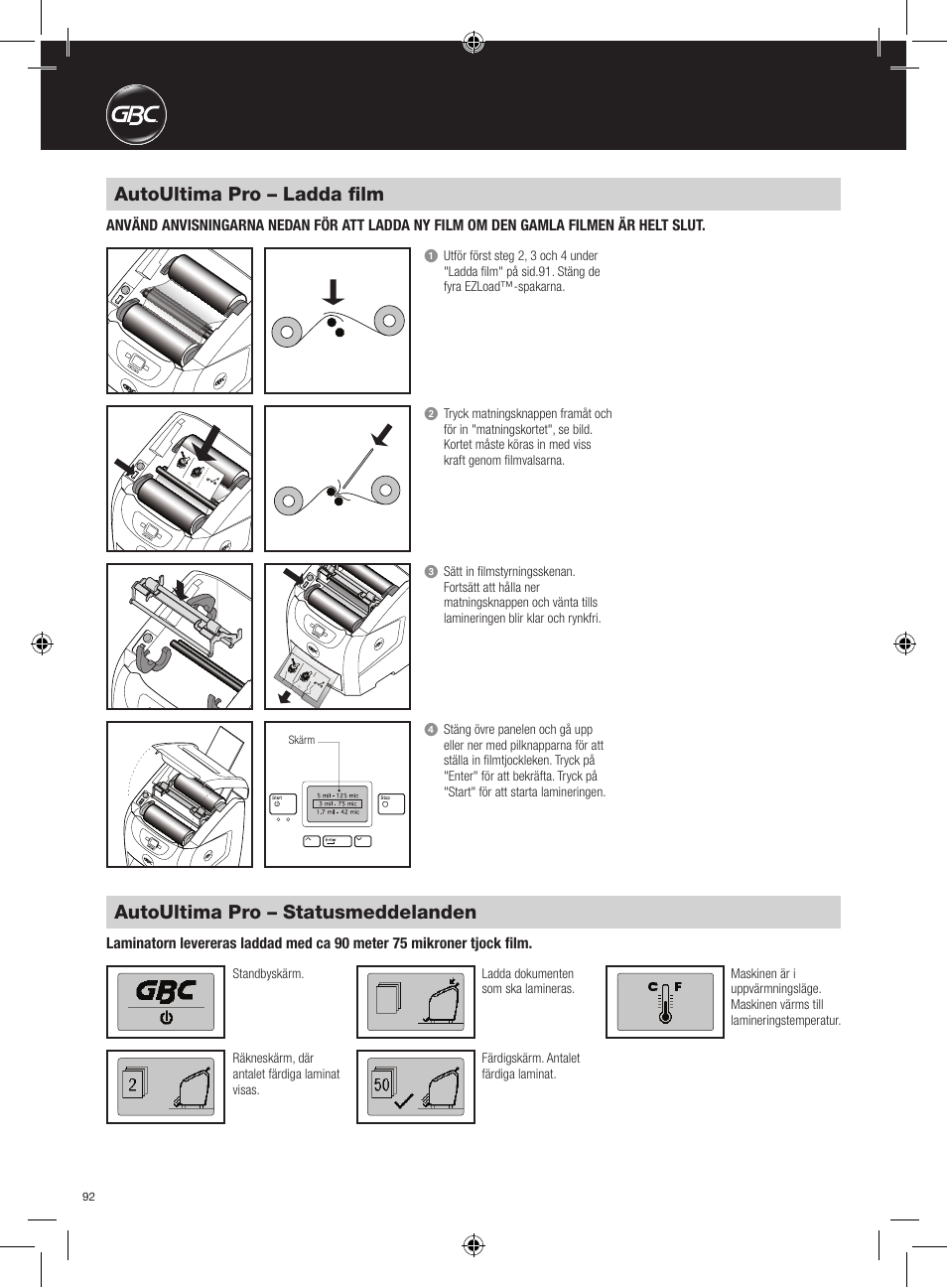 Autoultima pro – ladda film, Autoultima pro – statusmeddelanden | GBC AutoUltima Pro Laminator User Manual | Page 92 / 150