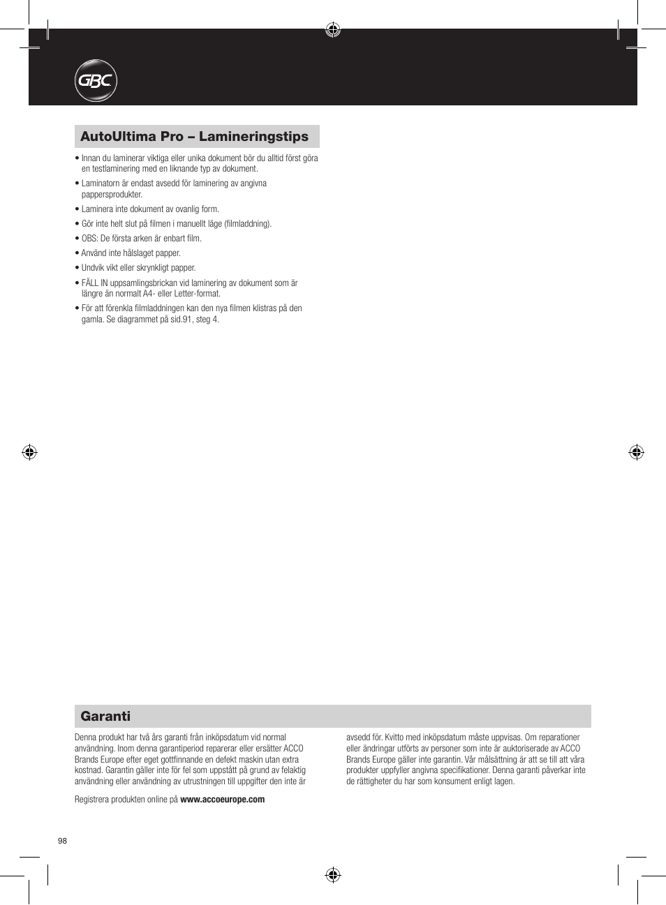 Autoultima pro – lamineringstips, Garanti | GBC AutoUltima Pro Laminator User Manual | Page 98 / 150
