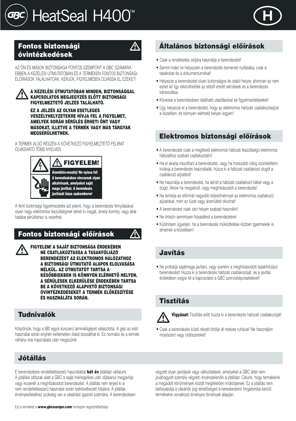 GBC H400 User Manual | Page 23 / 28