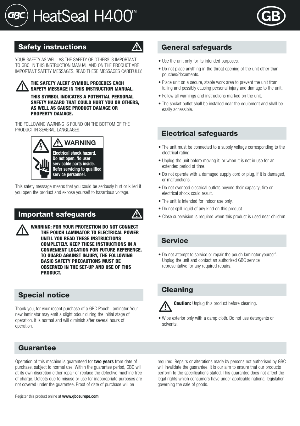 GBC H400 User Manual | Page 3 / 28