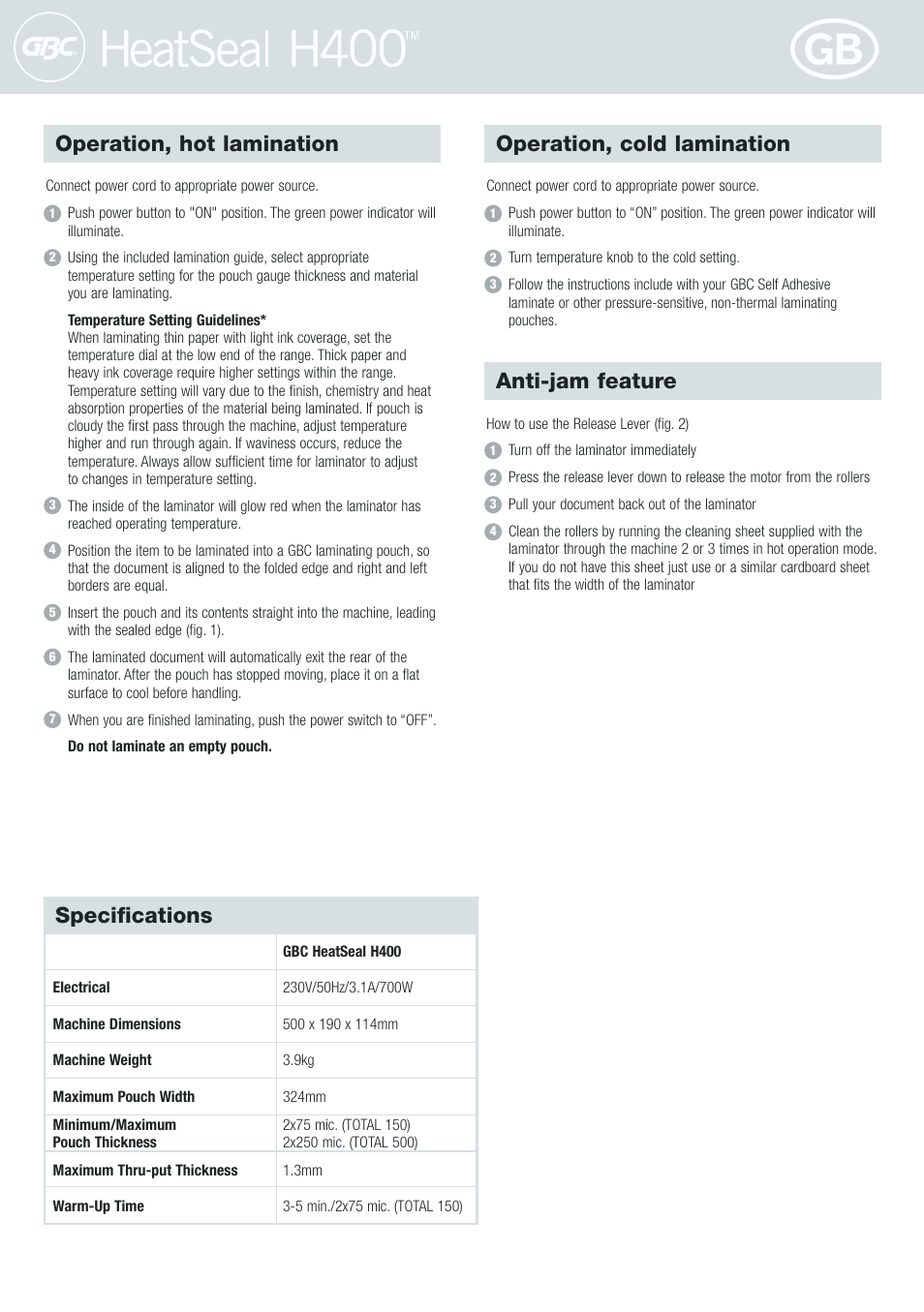 Operation, hot lamination, Operation, cold lamination, Specifications | Anti-jam feature | GBC H400 User Manual | Page 4 / 28