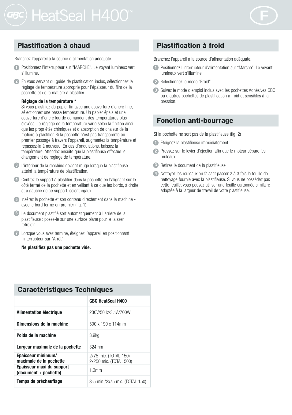 Plastification à chaud, Plastification à froid, Fonction anti-bourrage | Caractéristiques techniques | GBC H400 User Manual | Page 6 / 28