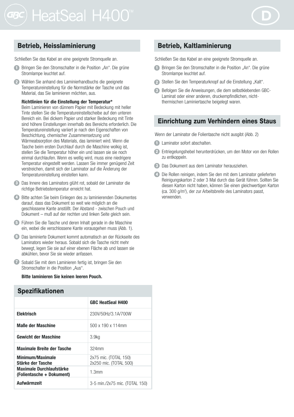 Betrieb, heisslaminierung, Betrieb, kaltlaminierung, Einrichtung zum verhindern eines staus | Spezifikationen | GBC H400 User Manual | Page 8 / 28