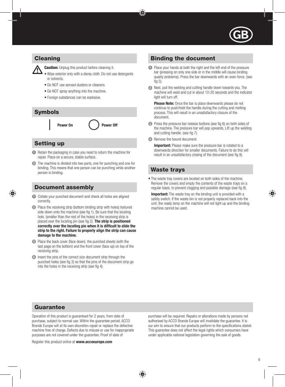 Cleaning guarantee, Symbols setting up, Document assembly | Binding the document, Waste trays | GBC 500 electric User Manual | Page 5 / 62