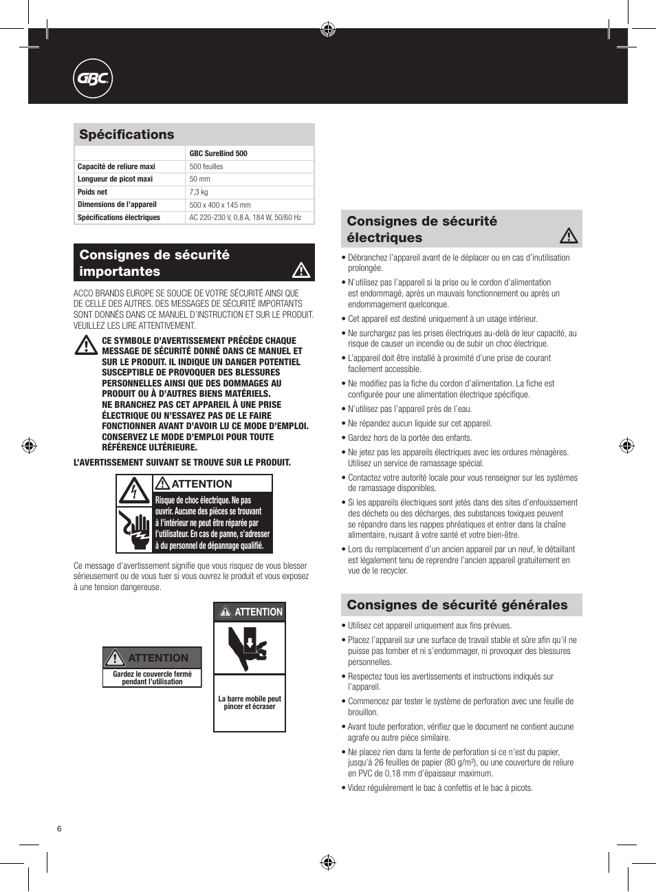 Consignes de sécurité générales, Consignes de sécurité électriques, Consignes de sécurité importantes | Spécifications | GBC 500 electric User Manual | Page 6 / 62