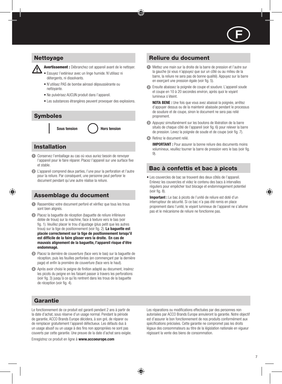 Nettoyage garantie, Symboles installation, Assemblage du document | Reliure du document, Bac à confettis et bac à picots | GBC 500 electric User Manual | Page 7 / 62