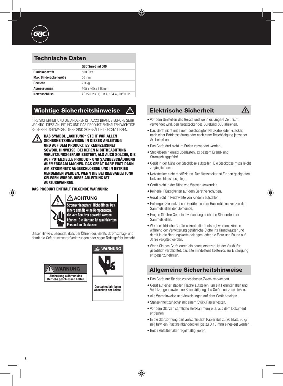 Allgemeine sicherheitshinweise, Elektrische sicherheit, Wichtige sicherheitshinweise | Technische daten | GBC 500 electric User Manual | Page 8 / 62